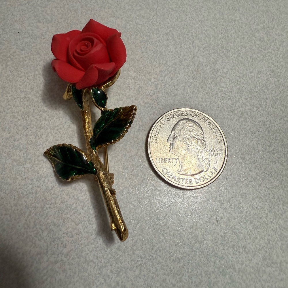 Vintage Elegant Red Rose Brooch with gold plated stem and porcelain rose petals